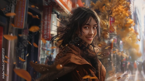 A city street, a smiling model girl with falling autumn leaves. © The Asthatics