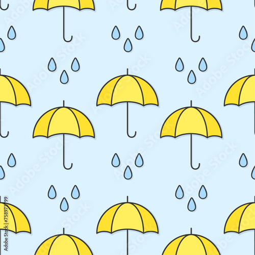 Yellow umbrellas and blue raindrops on soft pastel background. Vector seamless pattern.