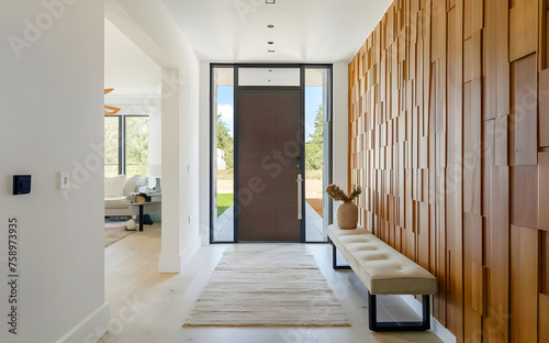 Hall with bench against wooden 3d paneling wall. Minimalist interior design of modern home entryway with door.