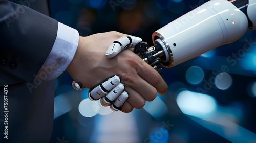 Businessmen Shaking Hands with a Robot in a Stylish and Contemporary Setting