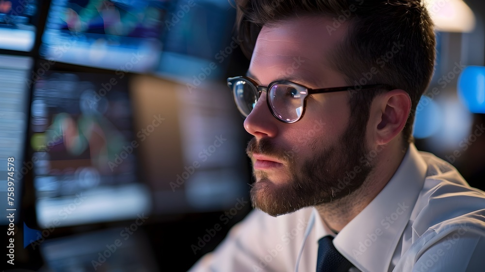 Man Analyzing Stock Exchange Data in a Luminous Office