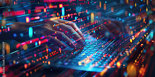 hands of IT professional typing on the keyboard with Abstract futuristic cyberspace with binary code design, big data connection technology concept