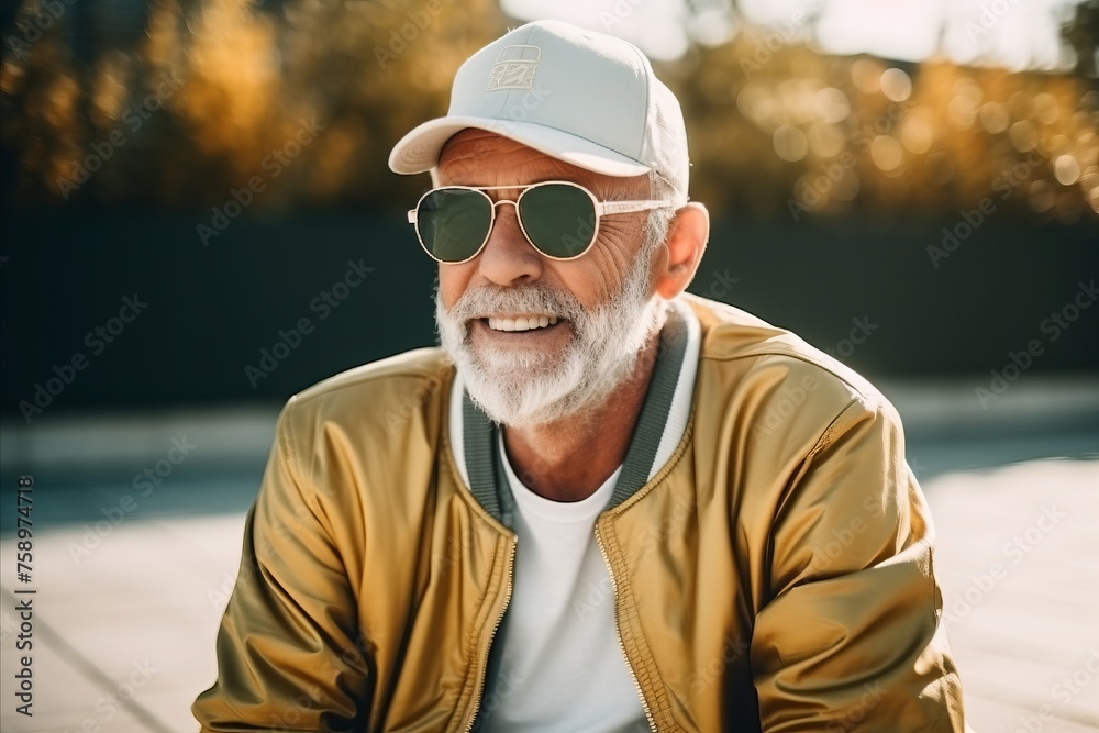 Portrait of a happy senior man in sunglasses and cap smiling outdoors Portrait of a happy senior man in sunglasses and cap smiling outdoors