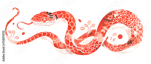  Chinese New Year 2025 Zodiac Snake. Chinese traditional art drawing of red and white snake with floral ornament on skin photo