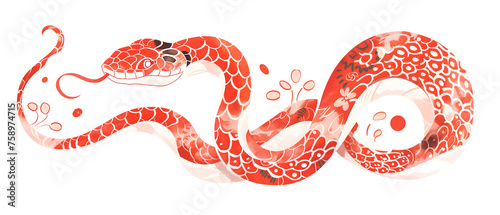  Chinese New Year 2025 Zodiac Snake. Chinese traditional art drawing of red and white snake with floral ornament on skin