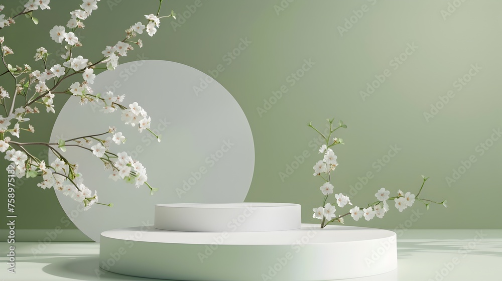 Minimalist Stage Design with White Paper Pillars and Cherry Blossoms - obrazy, fototapety, plakaty 