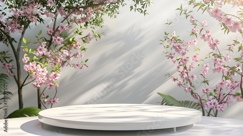 Circular Table with Cherry Blossoms in Minimalist or Vibrant Stage Design