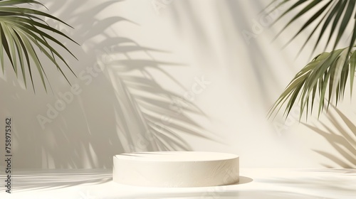 Minimalist White Paper Disk with Palm Trees and Round Pedestal