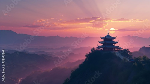 Ancient Chinese temple at the top of the hill. © Pro Hi-Res