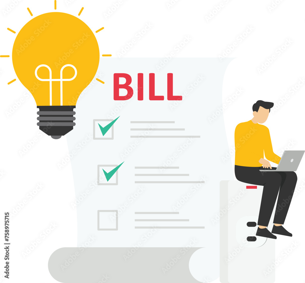 Character using energy efficient lamp, paying less and saving money. Power save in household and sustainable housing concept. Vector illustration.
Character using energy efficient lamp, paying less and saving money. Power save in household and sustainable housing concept. Vector illustration.