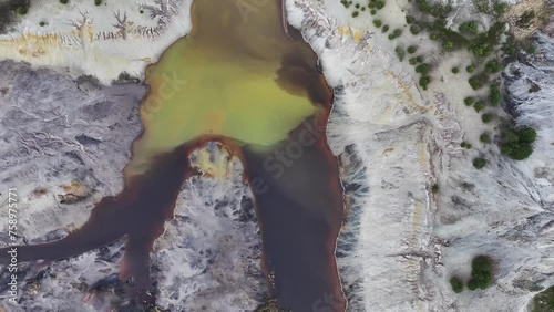 Aerial view of post-coal mining damage and reclamation at former coal mine, lakeside resort, Lusatia, Germany. photo