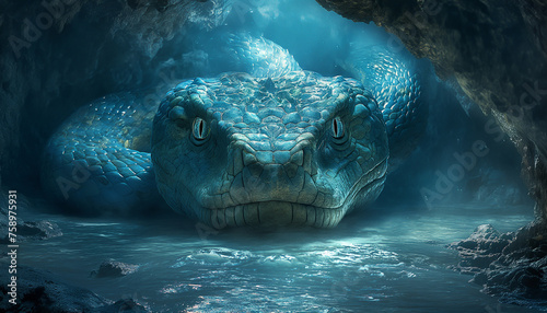 Giant mythical snake crawling out of a cave. The supernatural nature of the illustration. Dark concept photo