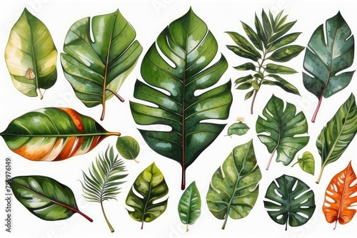 set of tropical leaves collection  tropical leaves background  tropical leaves set