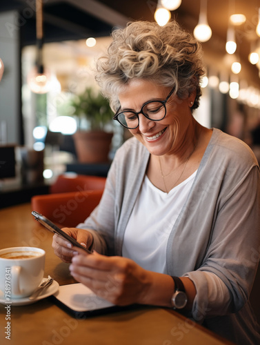 older good-looking woman in a cafe reading or writing something on her phone and laughing about it