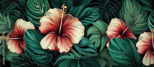 Exotic green pattern with Monstera leaves and hibiscus flowers in a summer design.