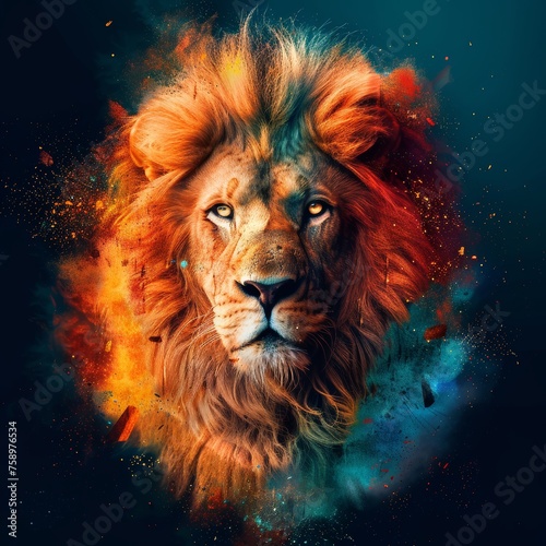 splater paint realtistic image of male lion using warm colours 