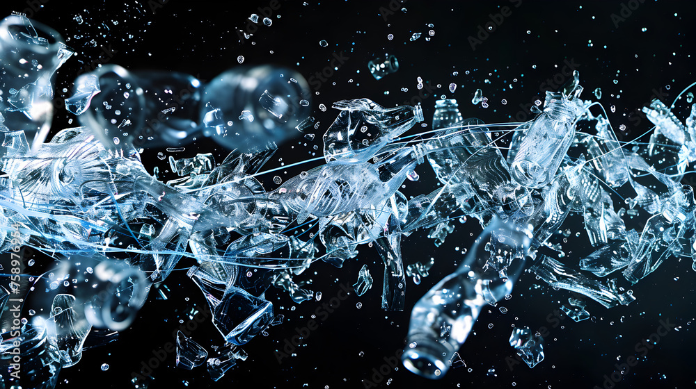 A translucent image of crushed plastic bottles with pulsating digital lines representing the recycling process, against a pitch - black background. A translucent image of crushed plastic bottles with pulsating digital lines representing the recycling process, against a pitch - black background.