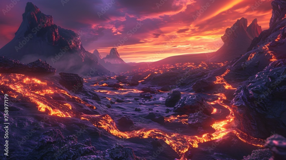 Awe-Inspiring Lava Flow Streaming Through Jagged Obsidian Stones Under Fiery Twilight Sky on an Alien Planet