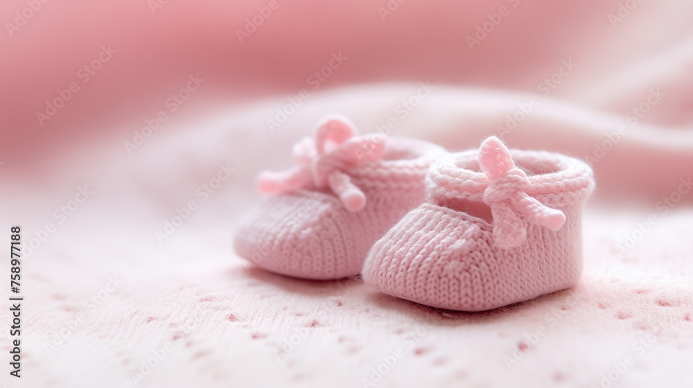 A close-up of a baby's first pair of tiny shoes on a cozy, light pink blanket.