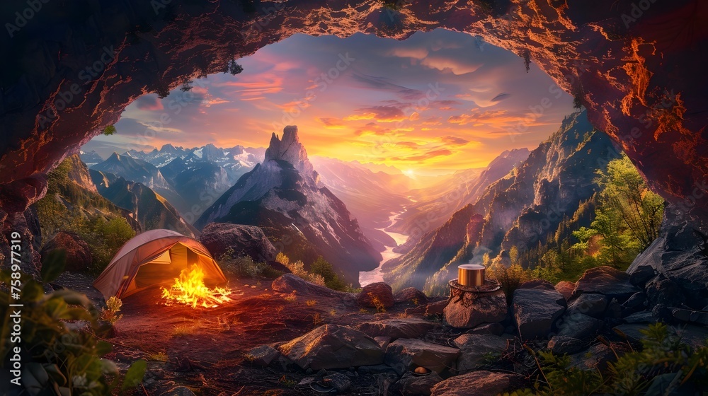 Heart-Shaped Cave Campsite Amid Majestic Mountains at Golden Hour