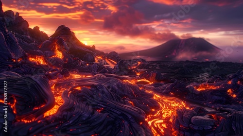 Hyperrealistic Lava Flow in a Volcanic Valley at Vibrant Twilight