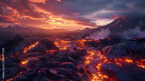 Hyper-Realistic Sunset Landscape of Molten Lava Streaming Amongst Jagged Volcanic Rocks photo