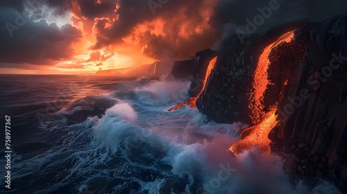 Lava Waves Crashing Against Volcanic Glass Cliffs at Dusk A Dramatic Ocean Sunset
