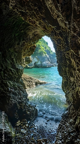Lichen-Covered Stone Archway Revealing a Hidden Crescent Bay in New Zealand