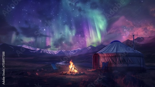 Northern Lights Adorn Glowing Yurt Campsite in the Majestic Mongolian Mountains