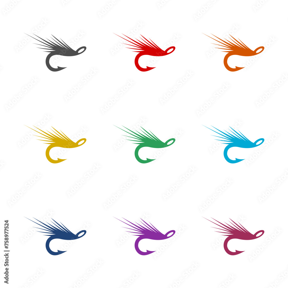Fototapeta premium Fly fishing hook logo icon isolated on white background. Set icons colorful