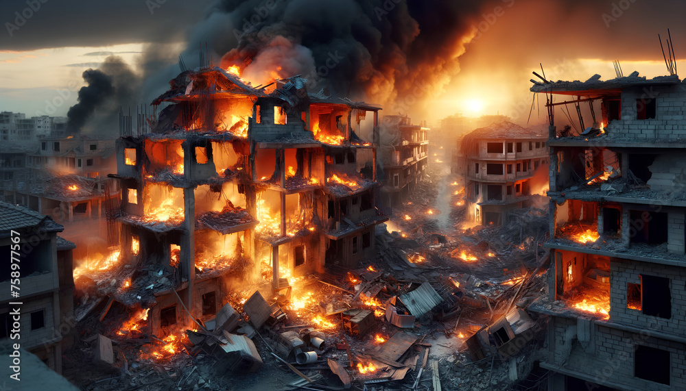 Urban Destruction After Missile Strike with Fire and Smoke Urban Destruction After Missile Strike with Fire and Smoke