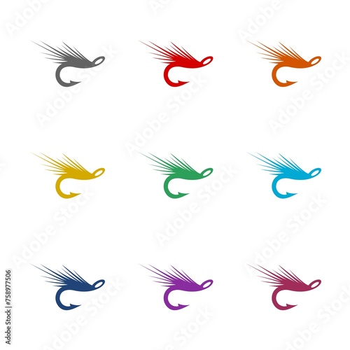 Fototapeta Naklejka Na Ścianę i Meble -  Fly fishing hook logo icon isolated on white background. Set icons colorful