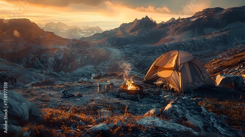 Underground Tent Campsite in the Mountains at Golden Sunset Hours