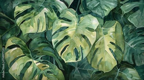 Monstera deliciosa foliage, detailed artwork showcasing the iconic, heart-shaped leaves.