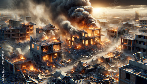 Devastated Urban Landscape after Battle. War Conflict Scene with Ruins, Flames and Smoke
 photo