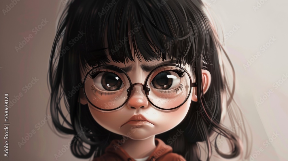 A cartoon drawing of a little girl with glasses and brown hair, AI A cartoon drawing of a little girl with glasses and brown hair, AI