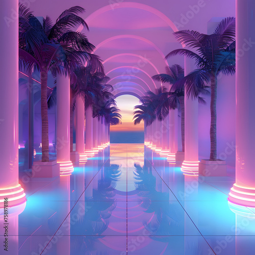 Neon Pink Miami-Style Place with Palm Trees, Evoking a Vibrant and Tropical Atmosphere Generative AI © Tobias