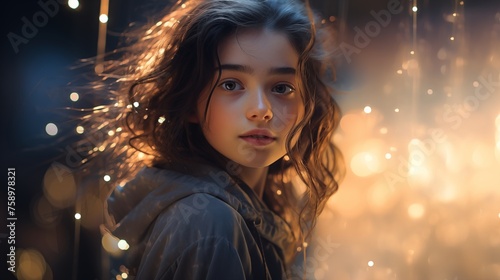 A girl model with a reflective expression, positioned against a dynamic arrangement of glowing particles on a simple background.