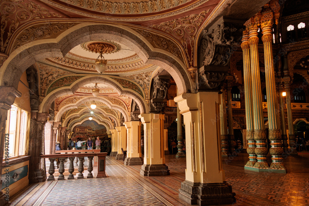 Interior view of Mysore Palace, Indian Traditional Architecture of Mysore Royal Palace Inside or view, Travel and tourism concept image, Tourist place to visit in Karnataka, India.