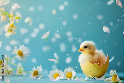 A small Easter chicken in an eggshell with spring flowers on a blue background