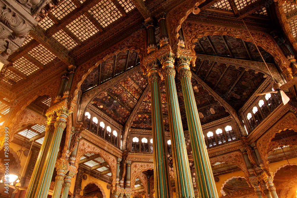 Obraz premium Interior view of Mysore Palace, Indian Traditional Architecture of Mysore Royal Palace Inside or view, Travel and tourism concept image, Tourist place to visit in Karnataka, India.
