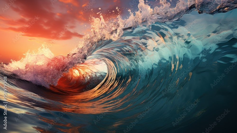 Blue ocean wave with water splashes at sunset. Crimson Wave