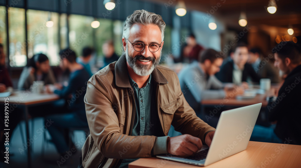 Front view of a mature middle-aged freelancer man doing remote online work from a cafe with his computer. He is looking at camera and smiling. Front view of a mature middle-aged freelancer man doing remote online work from a cafe with his computer. He is looking at camera and smiling.