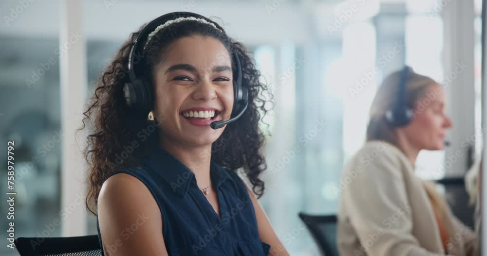 Business woman, face and call center for customer support, communication and service with e commerce FAQ. Happy worker, agent or Mexican consultant laughing in virtual chat, helping and contact us