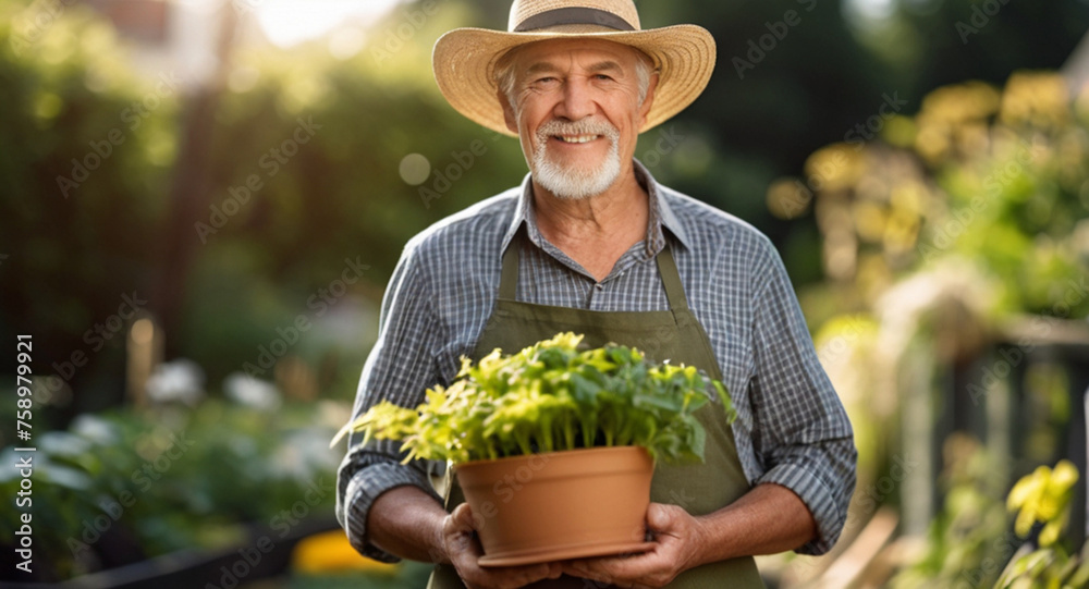 Portrait of a senior male gardener in the garden during springtime, healthy outdoor lifestyle