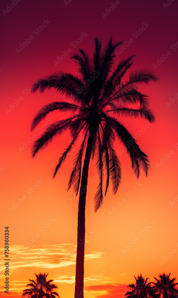 Silhouette of Palm Tree Against a Vibrant Red Sunset Sky
