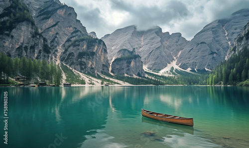 Lago di Braies Alpine Lake with a Canoe on Clear Waters and Mountain Backdrop