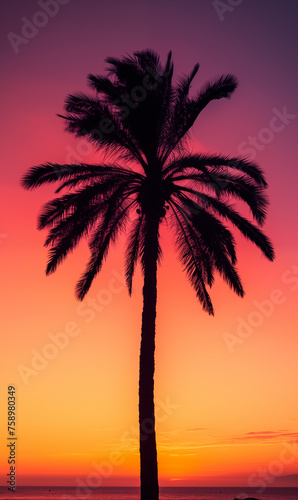 Silhouette of Palm Tree Against a Vibrant Red Sunset Sky 