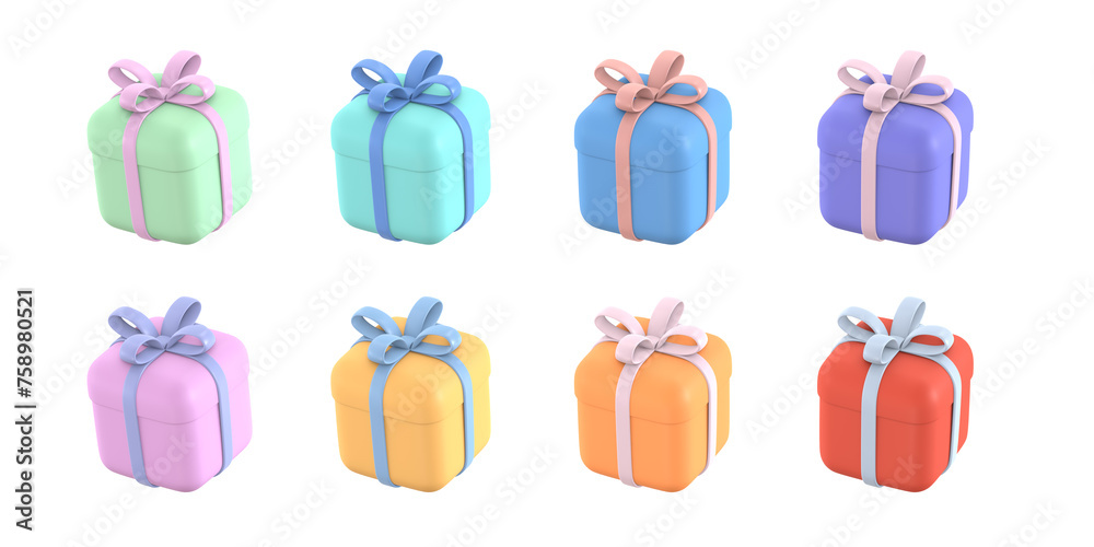 3d color gift boxes set with pastel ribbon bow isolated on a white background 3d color gift boxes set with pastel ribbon bow isolated on a white background