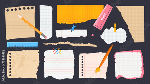 Torn paper notes, strips and papers. Notebook page scraps. School stationery elements. Ripped sheets of paper with torn edges. Vector scrapbooking elements.
